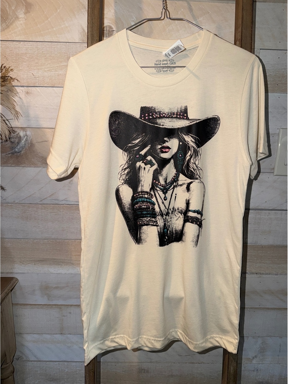 Women's Cream Graphic T-Shirt with Boho Cowgirl Print and Turquoise Accents